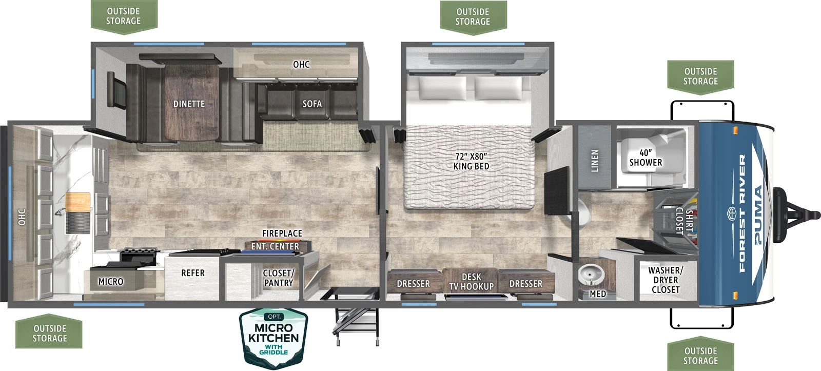 The Puma 310RK floorplan has one entry and two slide outs. Exterior features include: metal exterior, 21' awning and outside kitchen. Interiors features include: rear kitchen.